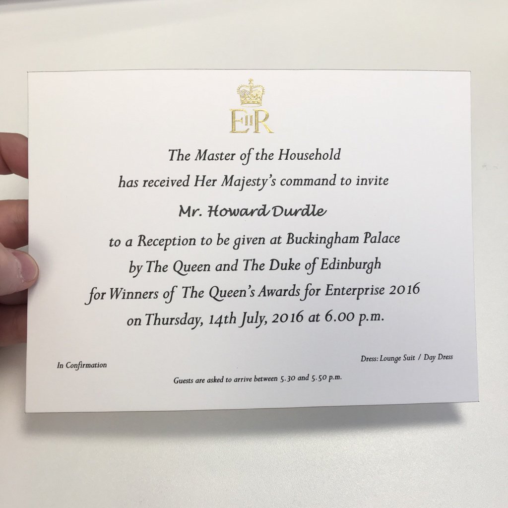 hdurdle's tweet photo. Definitely the fanciest invitation I have ever received. This thing is *heavy* and edged with gold! #QueensAward https://t.co/j68BGq4Eu5