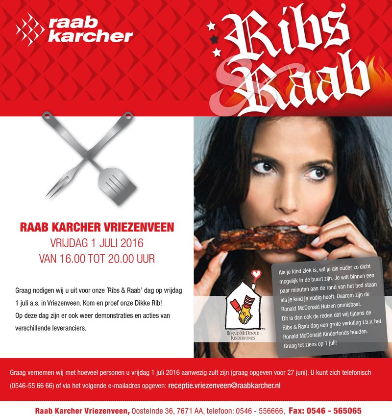 Noteer alvast vrijdag 1 juli in de agenda. We organiseren dan Ribs &amp; Raab met diverse demonstraties van leveranciers