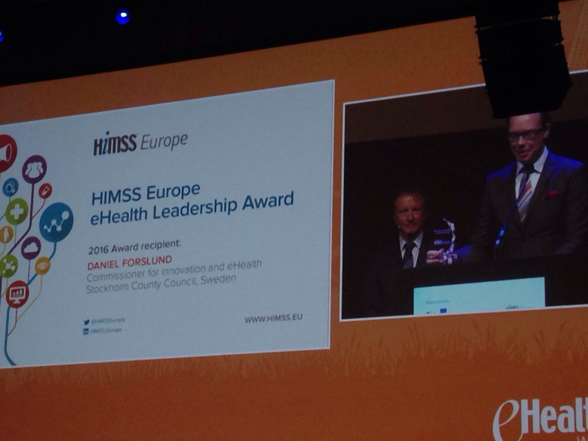 Smart_Health_'s tweet photo. . @liberaldaniel Swedish Commissioner for Innovation receives the @himsseurope eHealth Leadership Award #eHealthweek https://t.co/jgVIm1s8O8