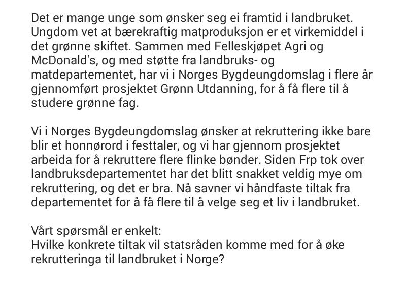Bygdeungdomslag's tweet photo. Her er spørsmålet vi ikke fikk stilt til @jongdale på #bondetinget16. #slipposstil https://t.co/A7JP7N8JWP