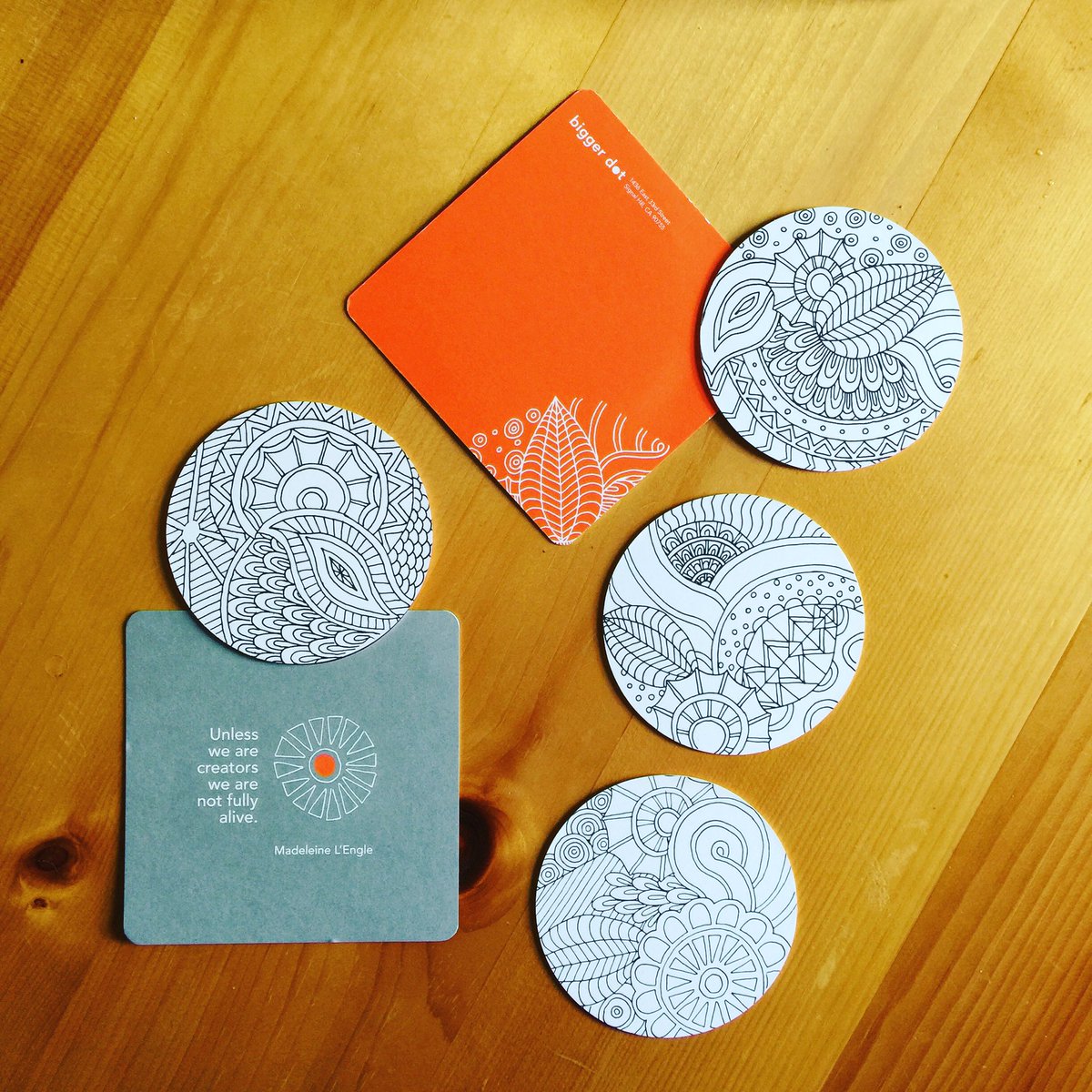 gideonstrauss's tweet photo. A heartwarming gift: colour-in coasters from Southern California. Thank you, @luebster and @bigger_dot!!! #ginquest https://t.co/SPdOunsuQW
