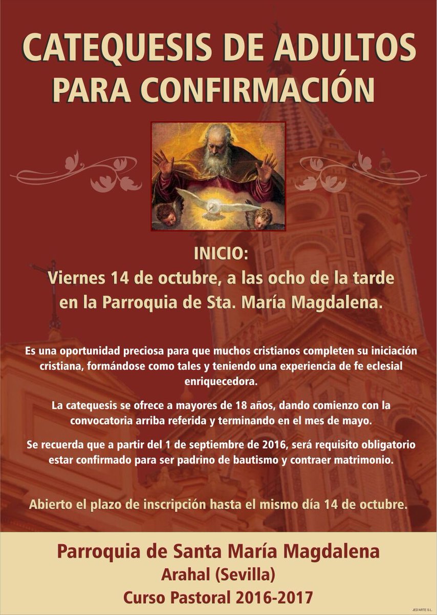Catequesis de confirmación de adultos para el curso 2016-2017. En nuestra parroquia Sta. María Magdalena