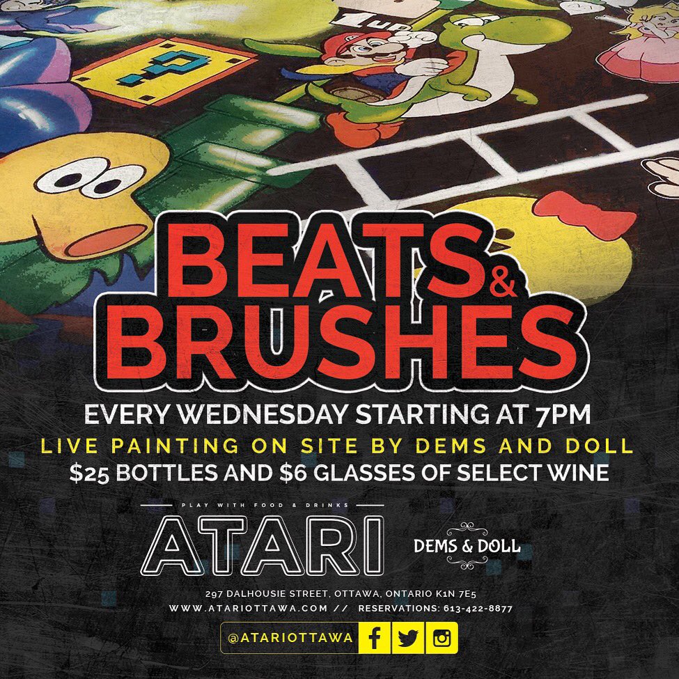 Atari_Ottawa's tweet photo. Beats &amp; Brushes is baack @Atari_Ottawa ! 🎨 Join us for $5 Cocktails- $4 Jamiesons- $25 bottles of #wine! #Ottawa https://t.co/V4i9PCioAW