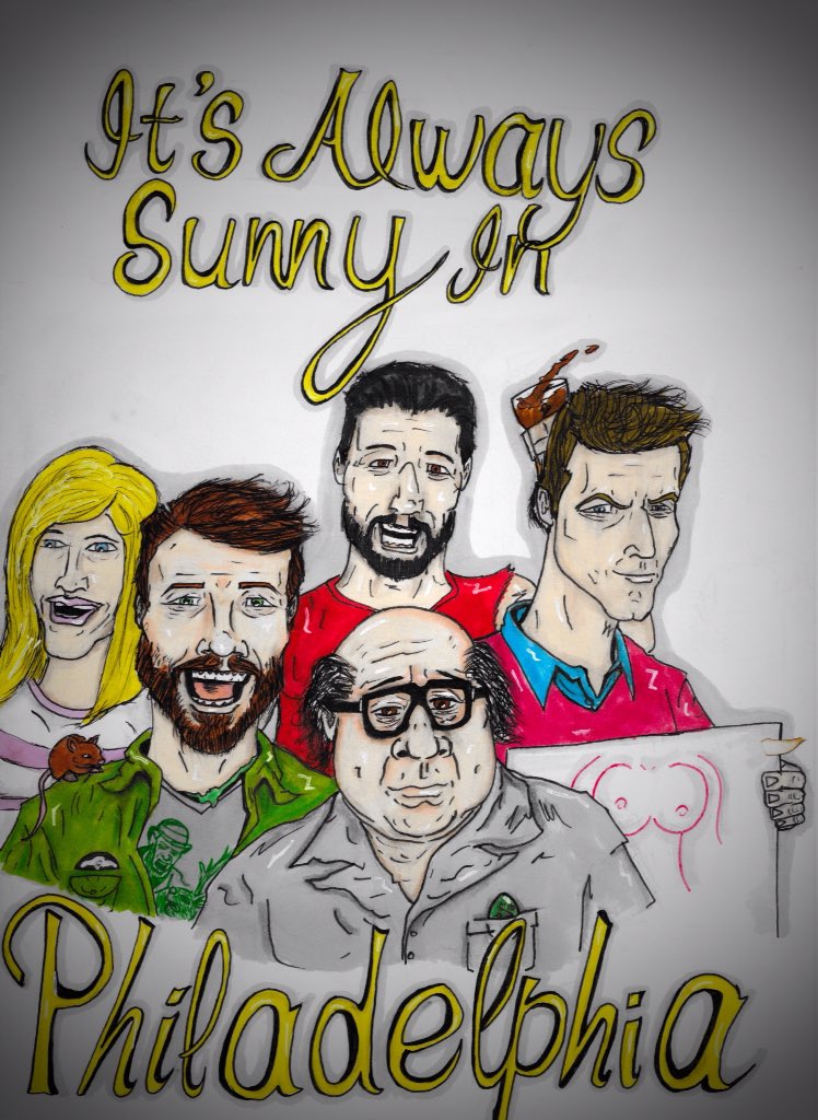 seanbobaggins's tweet photo. @Its_Charlie_Day love the show so I drew this pic of "the gang" ft.the rat king /green man #greenman https://t.co/kZ1PZhbsB1