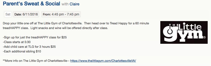 tread_HAPPY's tweet photo. Check out Parent's Sweat & Social #signupnow--> https://t.co/UxJIX7uso7 #treadhappy #run434 #happytreading #UVA #TLG https://t.co/rfBZ5TWvMk