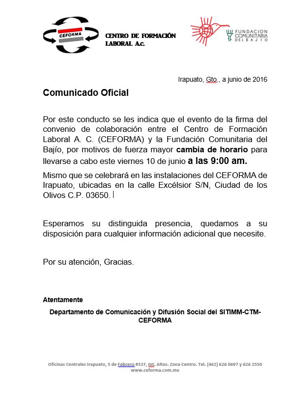 #SITIMM
Comunicado Oficial del CEFORMA A. C.
<a href="/conalexrangel/">Alejandro Rangel</a> <a href="/periodistafrg/">FIDEL RAMÍREZ GUERRA</a>