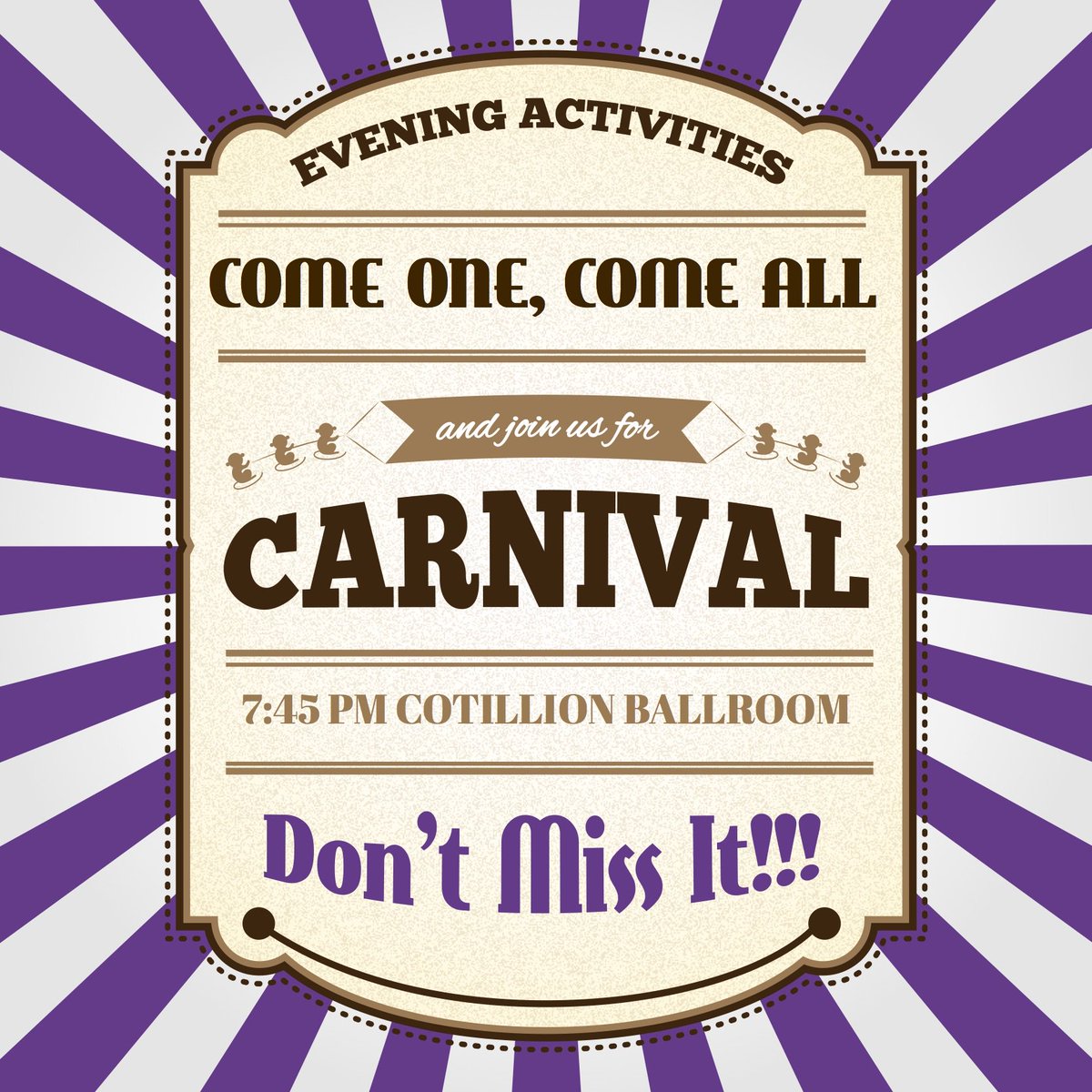 Michelle_LSUOL's tweet photo. Come join us in the Cotillion Ballroom at 7:45 p.m. for Evening Activities. Games, prizes, &amp; more! See you there! https://t.co/KgOFyYbS2I