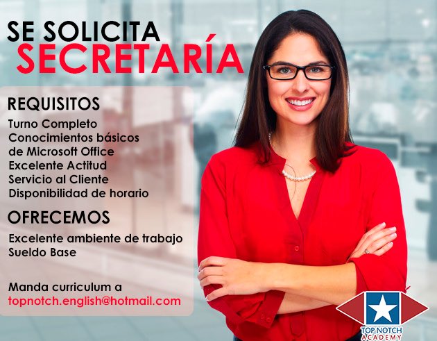 TopnotchAcademy's tweet photo. ¡Trabaja con nosotros! estamos buscando secretaría. Informes al 30703026. #TopNotchAcademy #cuandoeresnuevo https://t.co/QQQq66BC2p