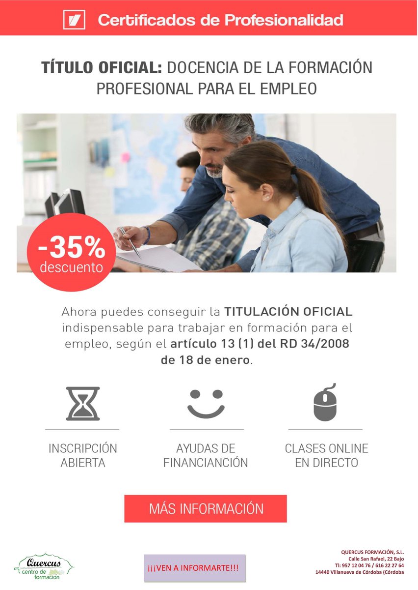 quercusform's tweet photo. DOCENCIA DE LA FORMACIÓN PROFESIONAL PARA EL EMPLEO, indispensable para ser monitor de formación para el empleo. https://t.co/IUMO1iKQ2w