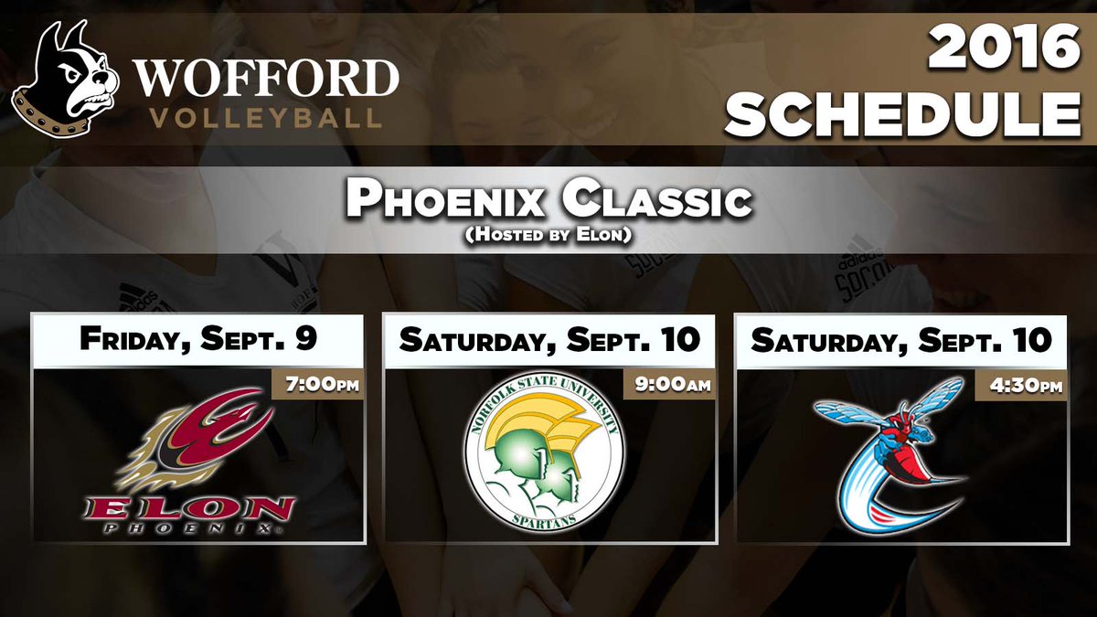 WoffordVB's tweet photo. Sept. 9-10: Phoenix Classic
#WoCoVB will face Elon, Norfolk State & Delaware State! #2016schedule https://t.co/F49gbwopbN