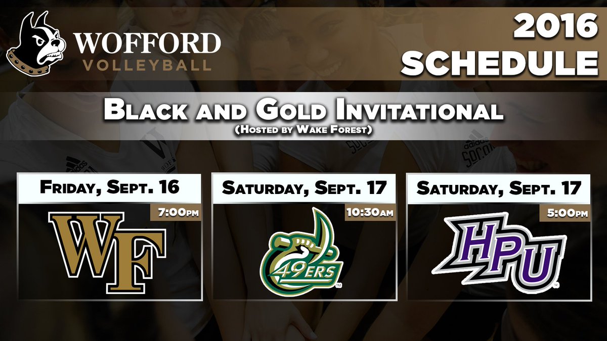 WoffordVB's tweet photo. Sept. 16-17: Black & Gold Invite
#WoCoVB heads to Wake Forest for the final preseason tournament! #2016schedule https://t.co/ydeN0VE1uL