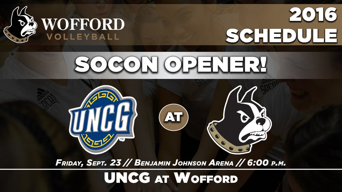 WoffordVB's tweet photo. Sept. 23: UNCG - 6pm
The #SoConVB opener is at home! Cheer on #WoCoVB vs. UNCG! #ConquerAndPrevail #2016schedule https://t.co/5nWVTdaxXc