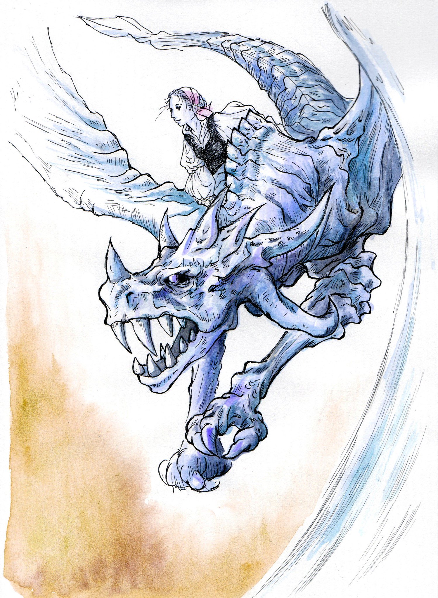 北川 幸子 Leather5160 相方さんがドラゴン好きなので 拙にもドラゴン描けるかな と挑戦した 大好きな吉田さんの ドラゴンのイラストを参考に 水彩絵を流して水彩民を増やそう 水彩 吉田明彦