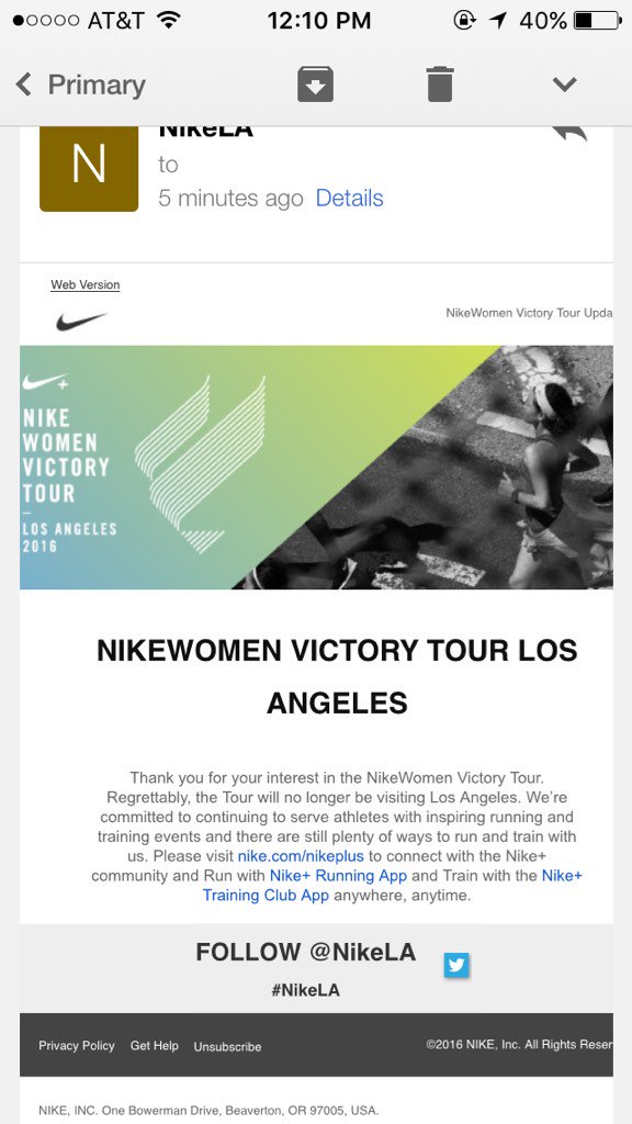 DaniwithoneN's tweet photo. Devastated is an understatement!Was waiting for this email but didn't expect this news @runnikewomen #nike #sosad https://t.co/AZWh1CfG16