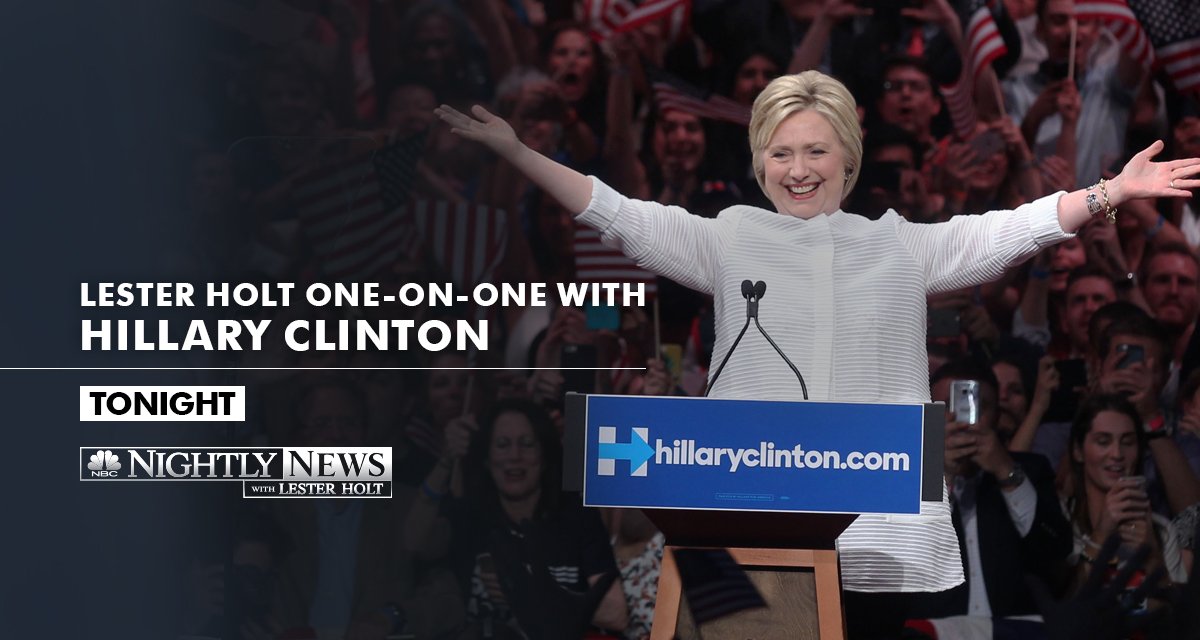 MSNOWNews's tweet photo. TONIGHT: Tune in to @NBCNightlyNews for @LesterHoltNBC's one-on-one interview with @HillaryClinton at 6:30 pm ET. https://t.co/LSpOfMDej3