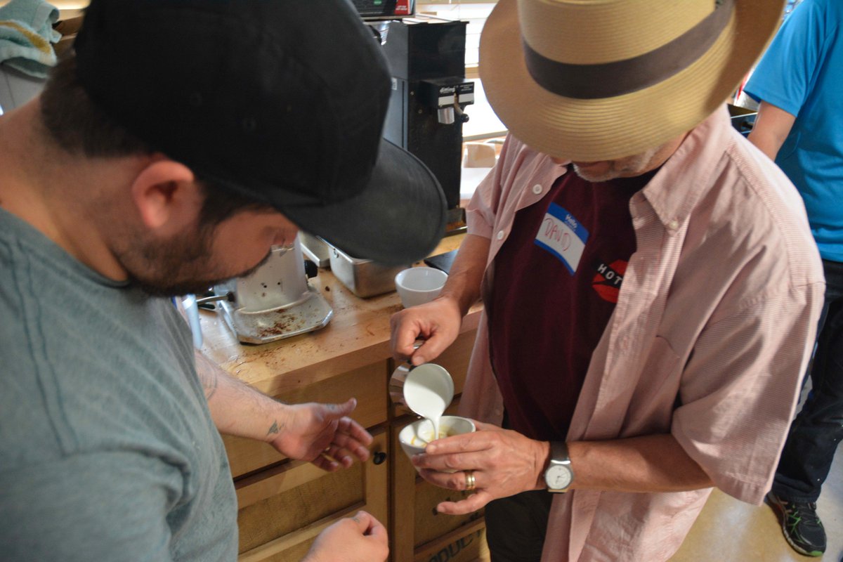 SustHarv's tweet photo. Lots of fun working on latte art technique with @HOTLIPSpizza and our summer fellows in the #SHCuppingLab! https://t.co/p0B3yJjwTI