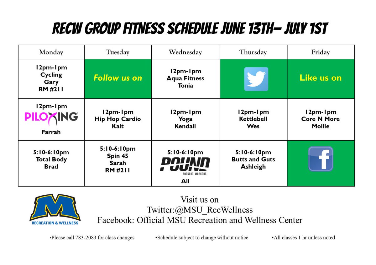 MSU_RecWellness's tweet photo. MSU RECW Group Fitness: June 13th - July 1st. Hope to see you in class! https://t.co/oEpZjTY78m