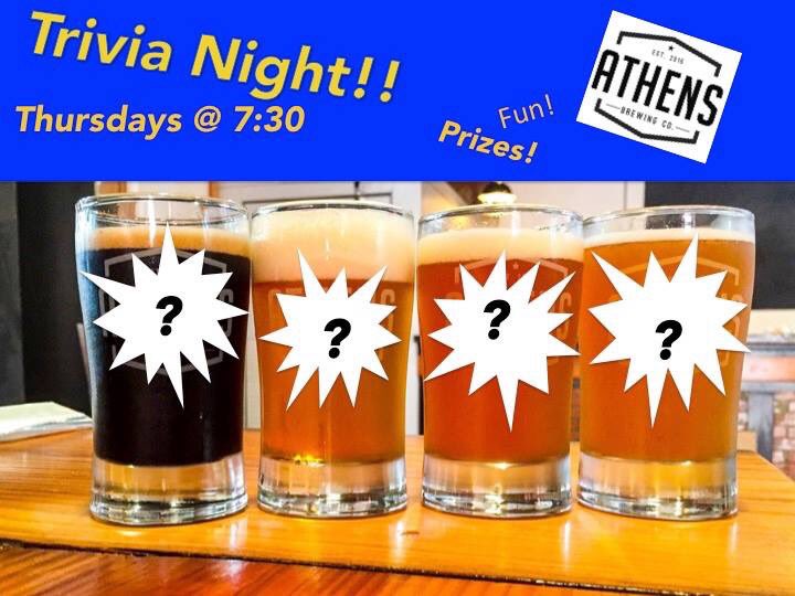 AthensBrewCo's tweet photo. Weekly trivia night starts this Thursday! Join us for beer and off the wall questions! (Prizes too!) https://t.co/pKq7I2pDgs