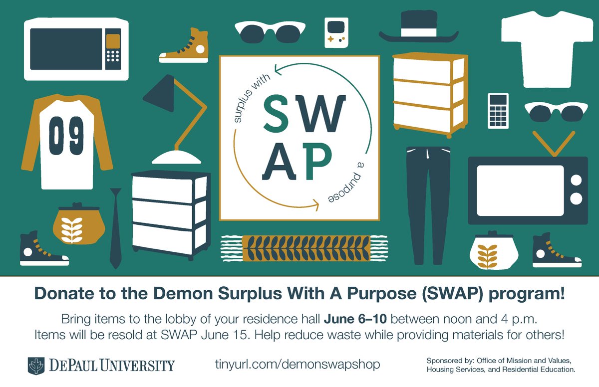 docnickt's tweet photo. Hey #DePaul students: Moving out? Your unwanted items can make a difference! Donate them to #demonSWAP June 6-10 https://t.co/AyUVHeCn78