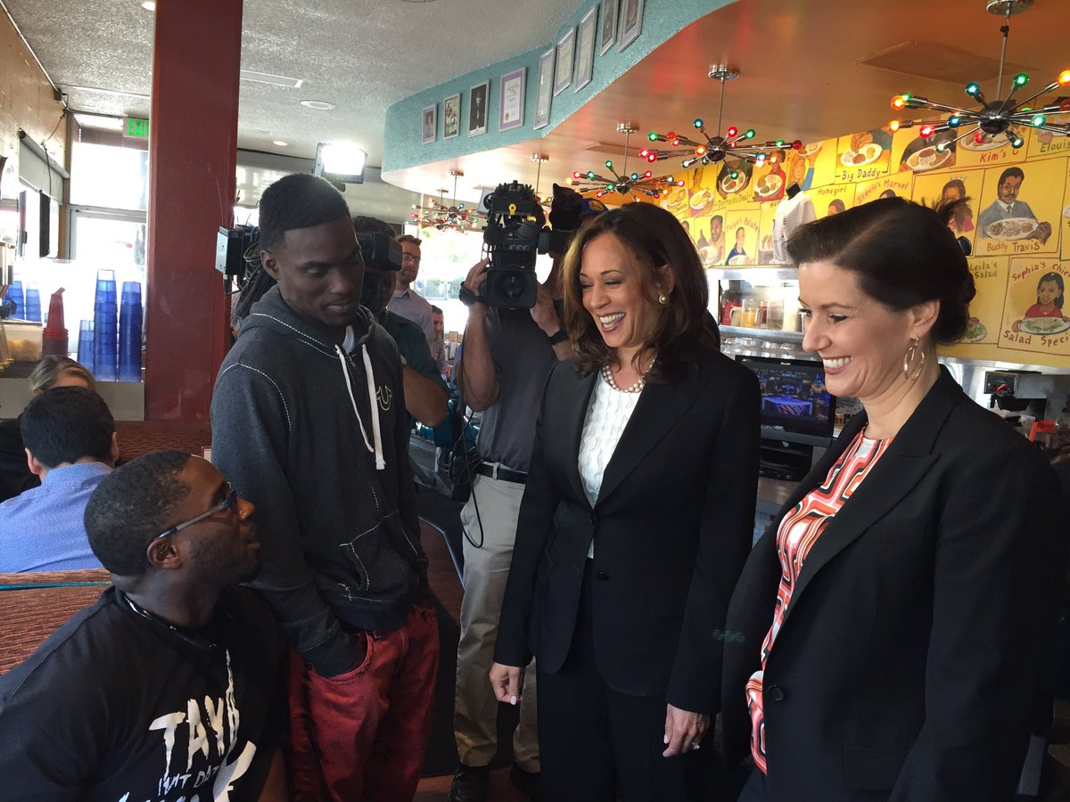 U.S. Senate candidate Kamala Harris, center, and Oakland Mayor Libby Schaaf chat with diners at the Home of Chicken and Waffles. (Phil Willon / Los Angeles Times) U.S. Senate candidate Kamala Harris, center, and Oakland Mayor Libby Schaaf chat with diners at the Home of Chicken and Waffles. (Phil Willon / Los Angeles Times)