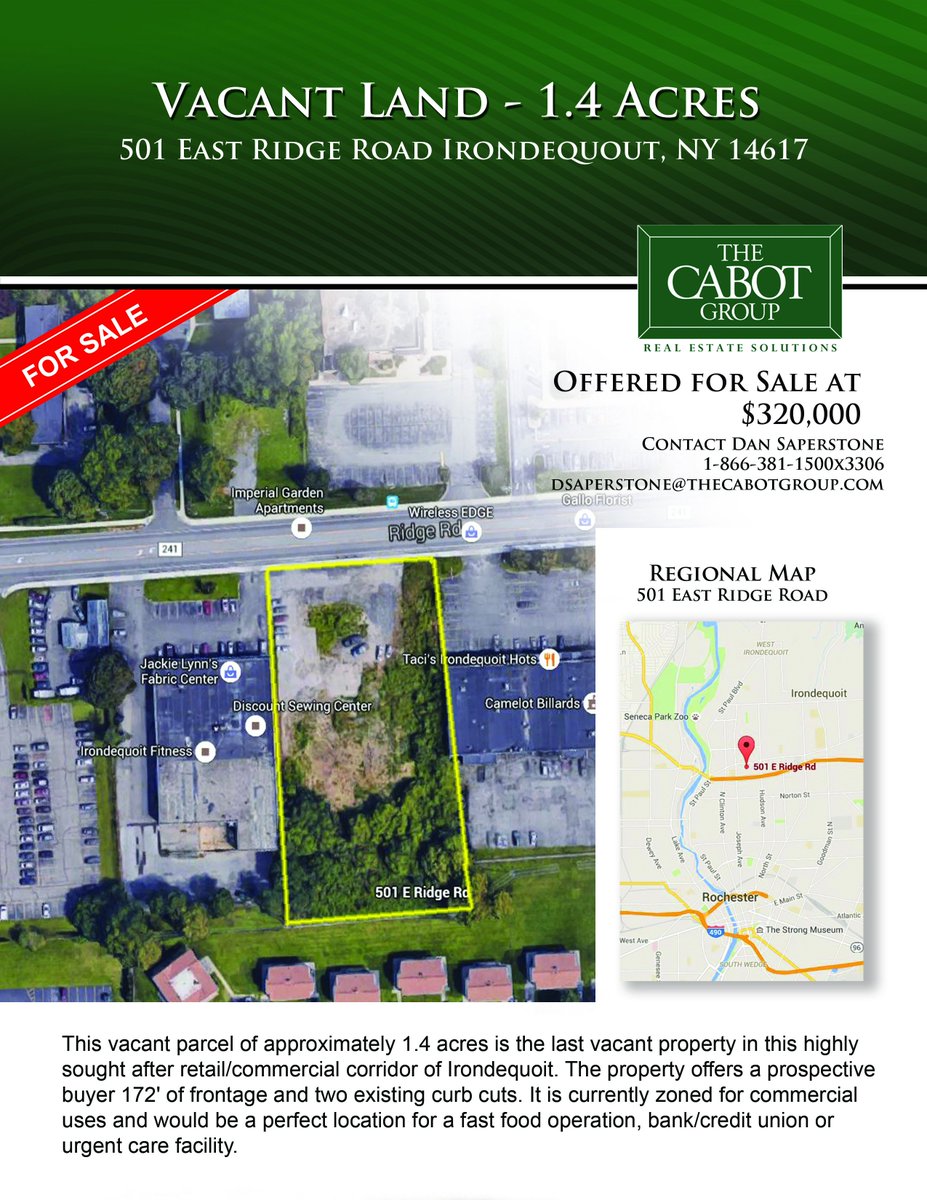 TheCabotGroup's tweet photo. THE CABOT GROUP is pleased to offer 1.4 acres of land in Irondequoit, NY. https://t.co/BzRBxhNE5A