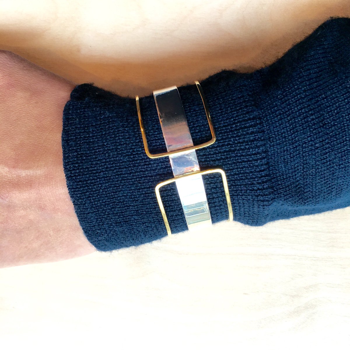 Not to be hidden away! The Maya Magal Sequence Bangle worn over cuff. Available in store &amp; thewearer.com