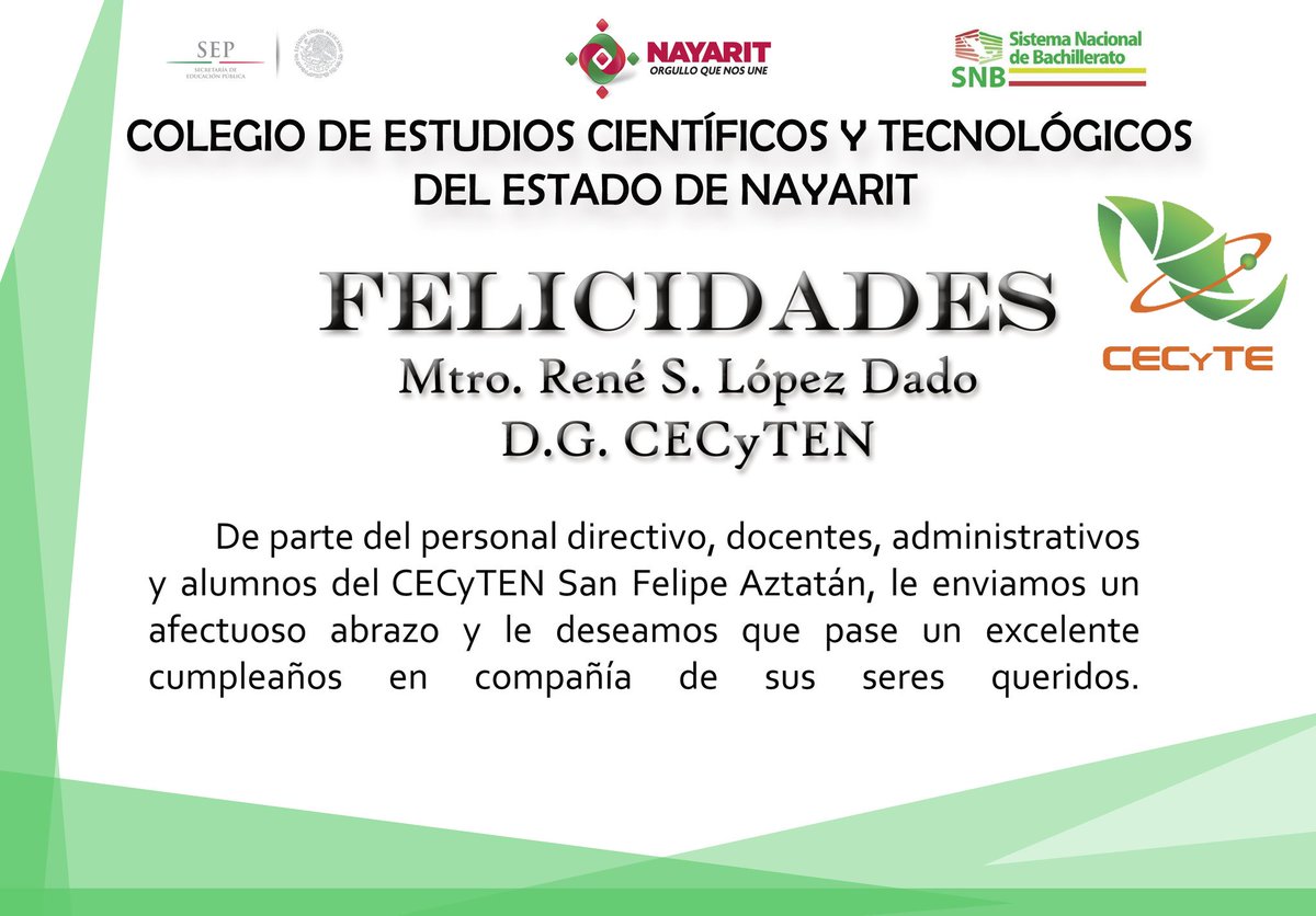 cecytenSnFelipe's tweet photo. De parte de nuestra comunidad escolar felicidades D.G. René S. López Dado @cecytenayarit @mianpres https://t.co/1ujAQD6jiV
