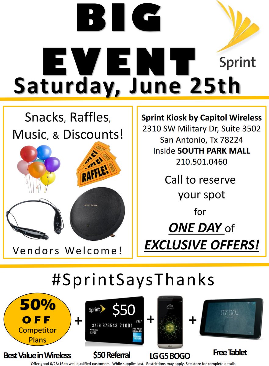 sprint_spm_SATX's tweet photo. #SprintSaysThanks #sprint4Sa #CWSPRINT @SprintCentralTX Join us friends and family! Win some amazing door prizes!! https://t.co/clGzgEbxwZ