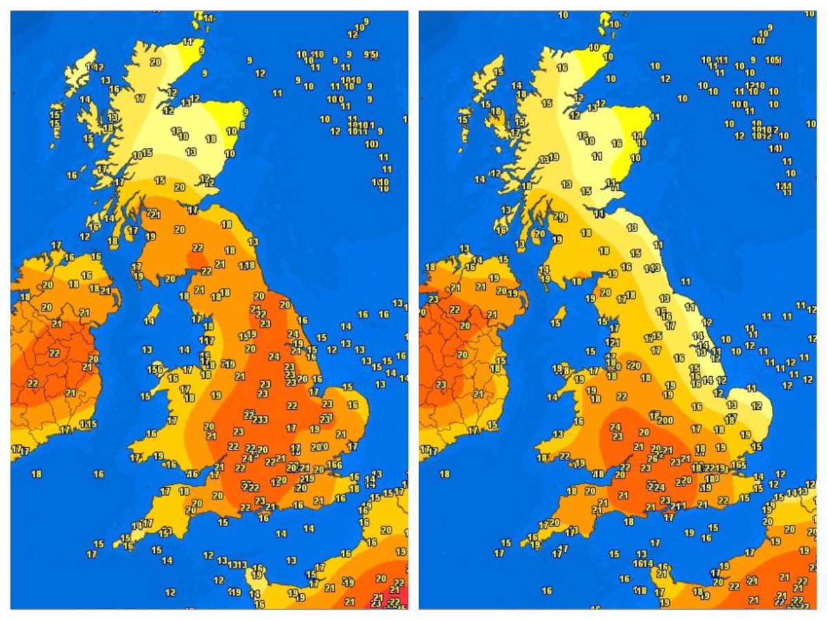WindyWilson88's tweet photo. #Hotspots #ScotsSun Windy says the image in the LEFT was last nights highs, compared to tonight's highs #Cooler https://t.co/pnk35HYsgS