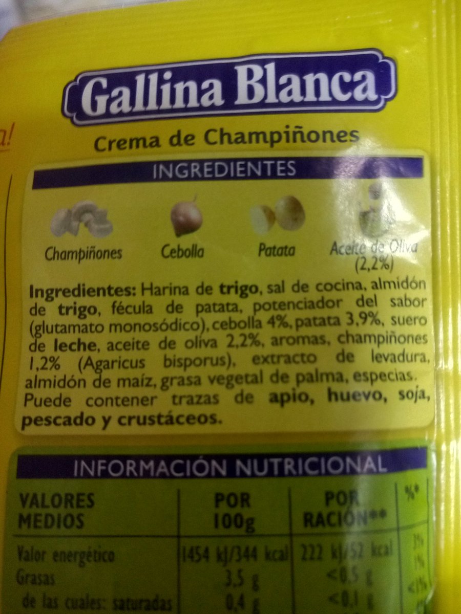 Crema de Champiñones <a href="/gallinablanca/">Gallina Blanca</a>:Con un 1'2% de Champiñones! Eso sí,de trigo, sal, glutamato y almidón va sobrado
