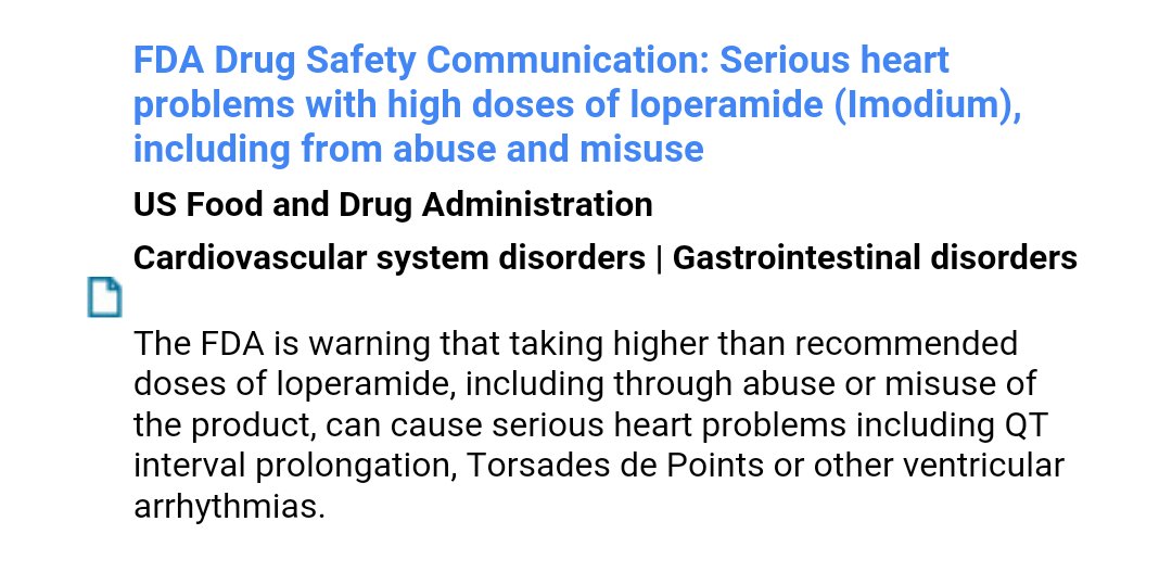 FDA warns about serious heart problems with high doses of loperamide from abuse and misuse fda.gov/Drugs/DrugSafe…