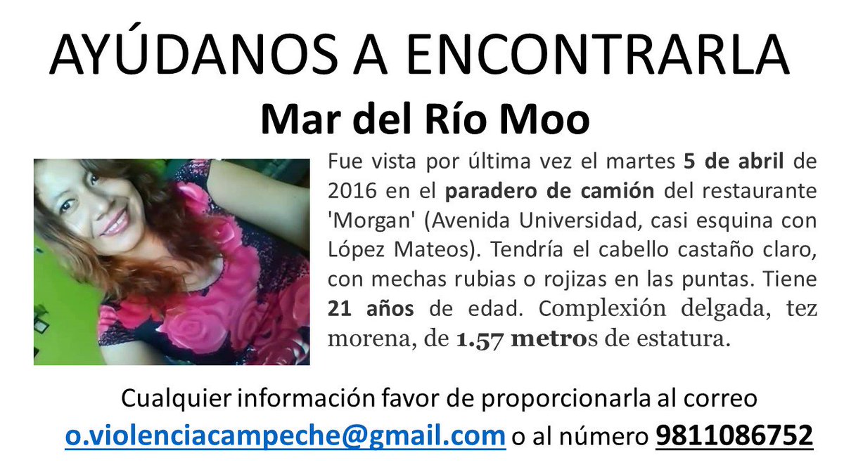 argentinamex's tweet photo. Te buscamos #MarDelRio @analidia83 @_LaAlameda @ObservaCampeche @Conavi_mx @_Lomeli_ @isa_Rodriguezz @Psygothika https://t.co/2OZubOxl61
