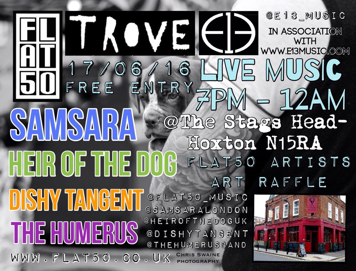 flat50arts's tweet photo. @heirofthedoguk @DishyTangent @SamsaraLondon @TheHumerusBand #live @TheStagsHeadHox 17/6/16 https://t.co/zdq4fyfyhz https://t.co/FWzwaC4oNI