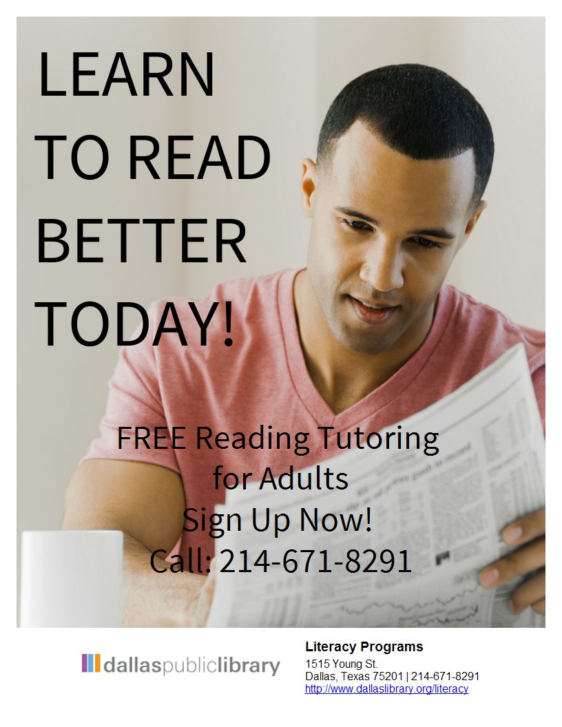 311Dallas's tweet photo. @dallaslibrary offers free tutoring to help adults with basic reading https://t.co/m74HKev35G