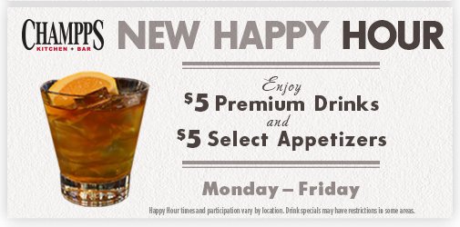 Champps's tweet image. Come enjoy our NEW Happy Hour featuring select $5 premium drinks and apps, Monday-Friday.