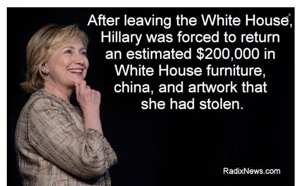 cristinalaila1's tweet photo. #KillaryMadeHistoryBy being the only FLOTUS fingerprinted by FBI &amp; ordered to return $200K stolen property from WH‼️ https://t.co/88bDg7Ro7A