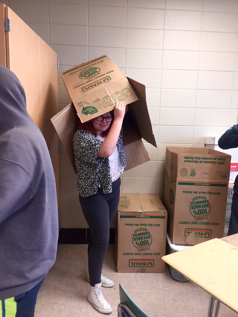 Stucynski's tweet photo. Who says packing isn't fun? Empty box= good 15 min of fun for the 9th graders. Gonna miss them! #metcalfpride #one91 https://t.co/28vYfw41oy