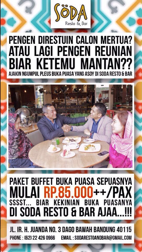 SODA Resto &amp; Bar
Jl. Ir. H Juanda no. 3 Bandung
Ph. ( 022 ) 426 0966
IG <a href="/SODA_Restobar/">SӦDA Resto & Bar</a>