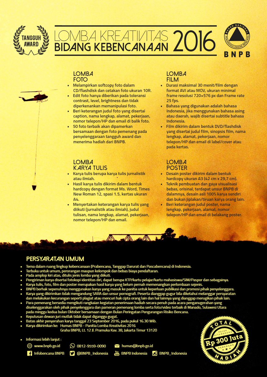 Juara 1: 13 jt,Juara 2: 10 jt,Juara 3:7,5 jt+Piala+Piagam+Akomodasi PP ke Manado.*Pajak 15% ditanggung pemenang