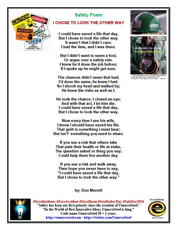 UnNovaSteel's tweet photo. @ErdemirGrubu Safety Poem - I Chose To Look The Other Way - Don Merrell #safety #health #SteelSafetyDay #SafeDay2016 https://t.co/1oU38xCu0E