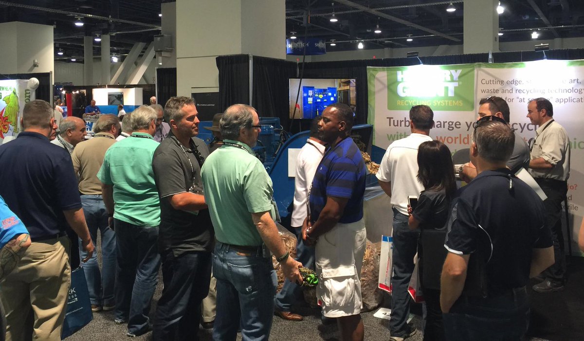 HGRecycleWaste's tweet photo. Crowd at launch of worlds smallest #palletbreaker, #cardboard #baler #WasteExpo #HungryGiant https://t.co/H25td582r7 https://t.co/cOdaz331rR