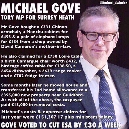 Rachael_Swindon's tweet photo. Michael Gove: He cut disability money. He even claimed for a child's cot mattress. Astonishing greed. https://t.co/J8lEG37iLq