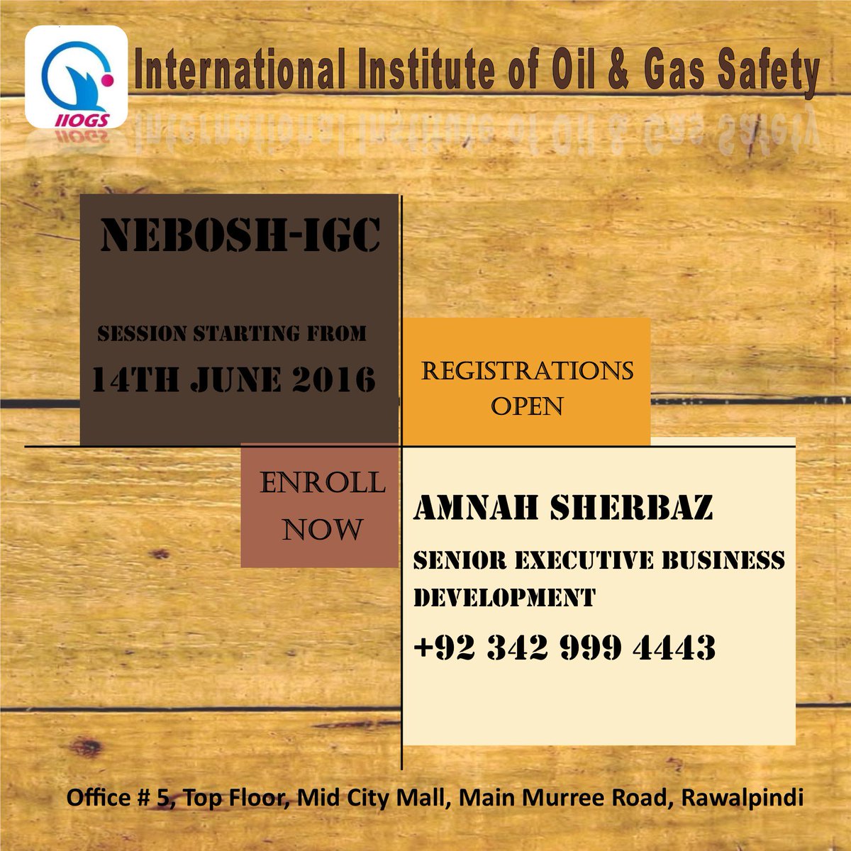 Amnah_iiogs's tweet photo. Registrations Open for #NEBOSH-#IGC @ #IIOGS 
Session starts: 14th June. 2016 https://t.co/varfZYpFIO