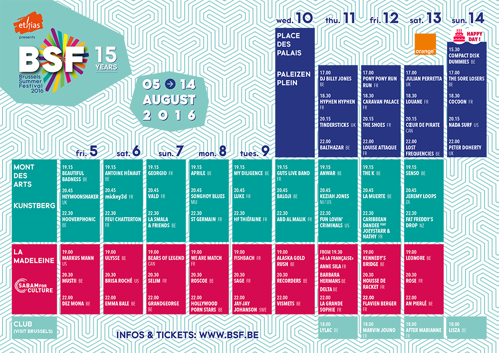 99Festivals's tweet photo. Timetable en programma Brussels Summer Festival 2016 compleet! https://t.co/tsqcqHOlZG @BSFestival #BSF16 #Brussels https://t.co/gNBqYMd151