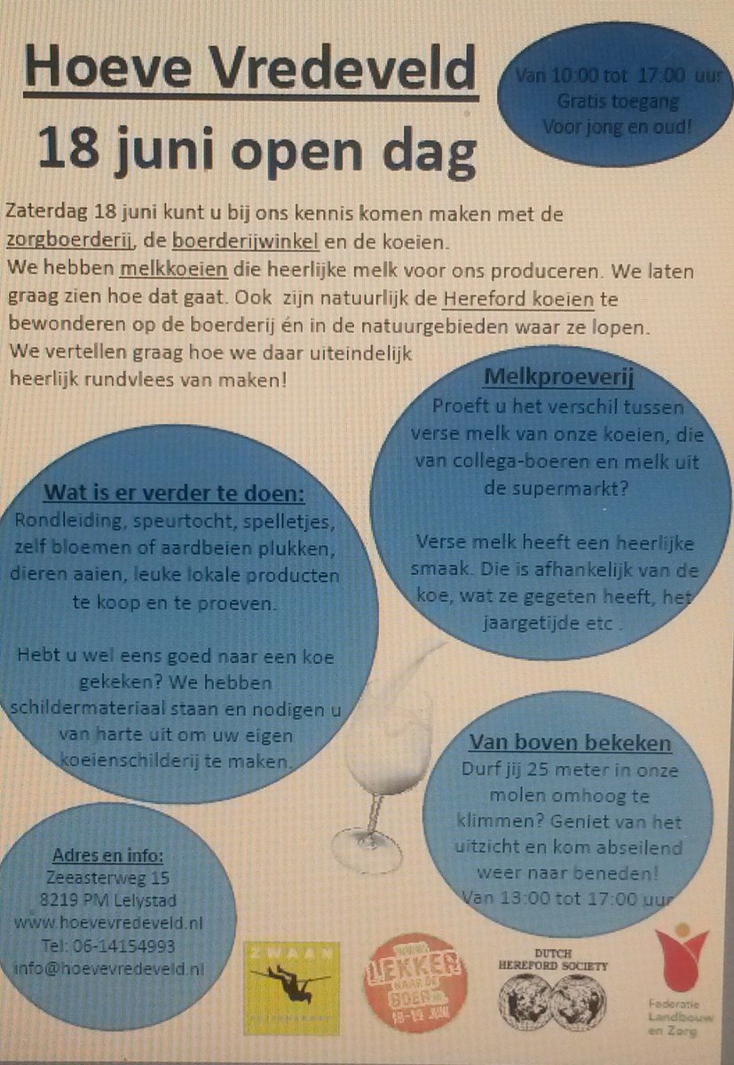 HoeveVredeveld's tweet photo. 18 juni onze open dag met melkproeverij,  koeien kijken of schilderen. Molen beklimmen, speurtocht over d boerderij. https://t.co/YMoOZipsxY