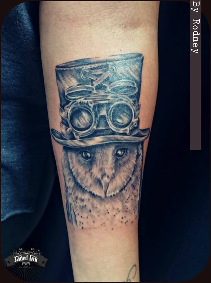 Funky Steampunk Owl by Rodney #owltattoo #steampunk #tattoos #Tattooartist #tattoodesigns #art #inked