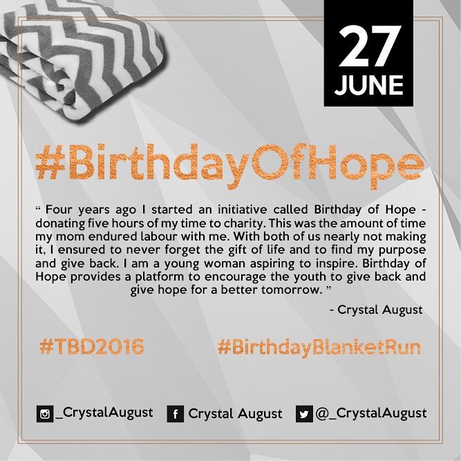 Merentia's tweet photo. @_CrystalAugust is still collecting blankets for #TBD2016 @tbdsouthafrica 27June #BirthdayBlanketRun #BirthdayOfHope https://t.co/ctQO4W3HPm