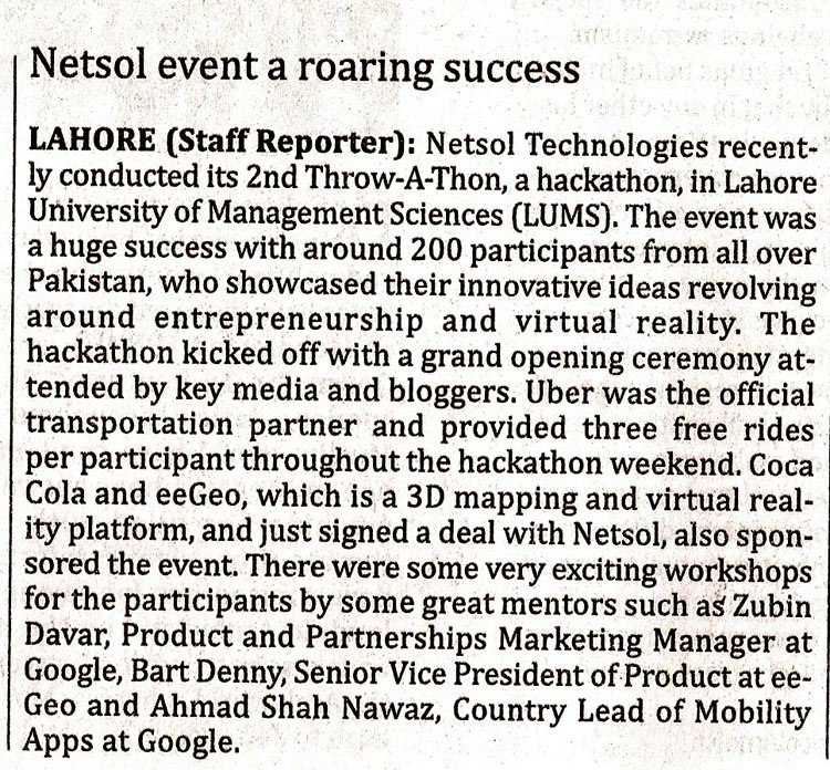 Throwathon's tweet photo. Throw-A-Thon is the news. Coverage by @the_nation #Throwathon #MediaCoverage #NetSol #hackathon #PAkistan https://t.co/K7j8tvhTjs