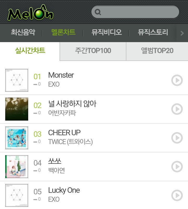 160609 #EXO's 'Monster' &amp; 'Lucky One' ranks #1 &amp; #5 on Melon's Real-Time Chart. (As of 9PM KST)
