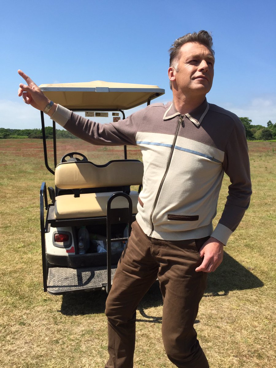In action with dead uncle Derek's buggy and his disco shirt is feelin' great !